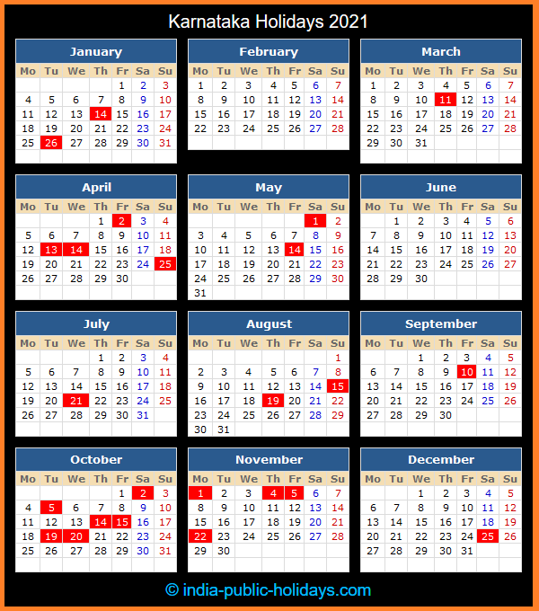 Karnataka Holiday Calendar 2021